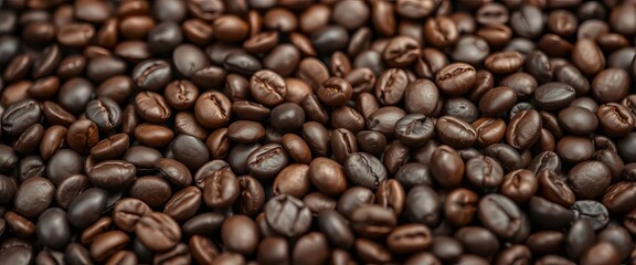 Fototapeta premium Close-up of dark roasted coffee beans, rich brown tones, energy, aroma