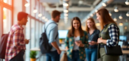 Fototapeta premium Blurred casual figures in a modern office setting, bokeh background, company, productivity