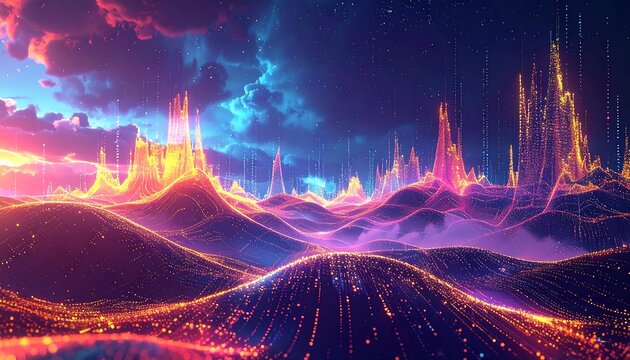 A vibrant digital landscape, sculpted from glowing particles, showcases towering structures amidst rolling hills, bathed in the colorful hues of a celestial twilight.