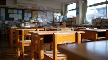 Empty Classroom with Wooden Desks and Natural Light, Ready for Students and Educational Concepts