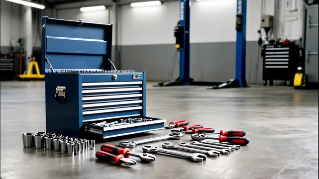 Automotive toolkit display with organized tools in workshop environment. Rotating toolkit showcases precise instruments including sockets, wrenches, and screwdrivers organized neatly.