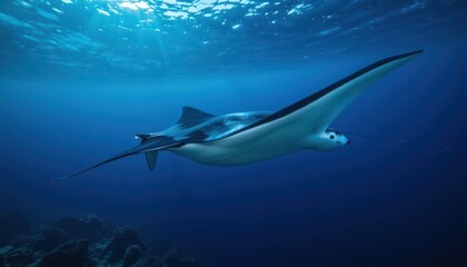 Naklejka premium Ocean's graceful Dancer: A majestic manta ray glides effortlessly through the deep blue sea, its wings spread wide in a silent ballet of the ocean.