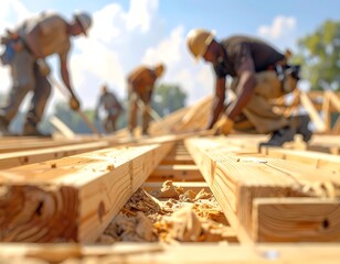 Construction workers erecting a new timber framework, working at height