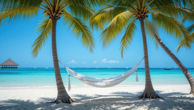 Tropical Paradise: A tranquil beach scene of palm trees with a hammock between them, inviting relaxation against a backdrop of serene, crystal-clear turquoise water.