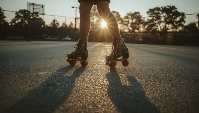 Person on roller skates at sunset casting long shadows on a court