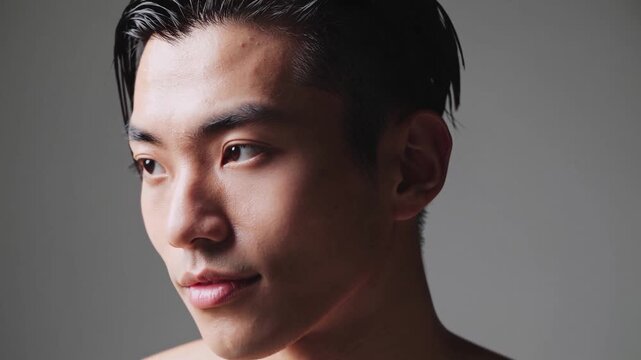 Portrait of a beautiful young asian man with wet hair.
