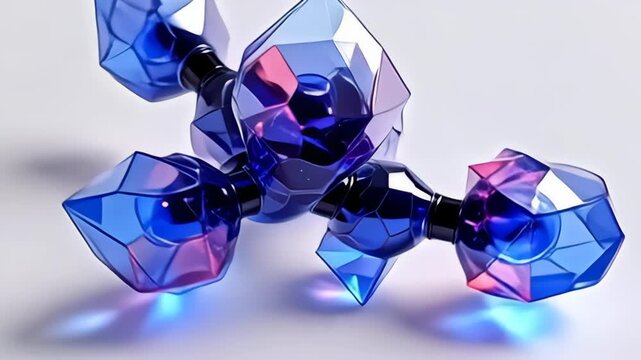 A striking vision of elegance appears with a polygon molecule spiraling through layers of glass, adorned in vibrant jewel tones of sapphire and amethyst, maneuvering with sharp contrasts of
