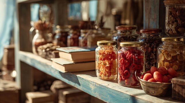 Bright daylight scene: fruit drying on open shelf with jars and books