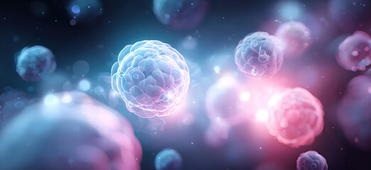 Glowing molecular structures battling abstract bacteria in a microscopic scientific scene.