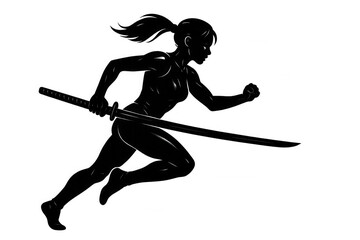 Fototapeta premium Silhouetted female ninja wielding katana, sprinting with aggressive martial arts stance, displaying powerful combat readiness