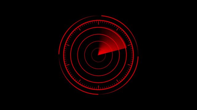 Radar screen animation on black background. red color Rader Hud technology signal waves animated. Location detection Military surveillance