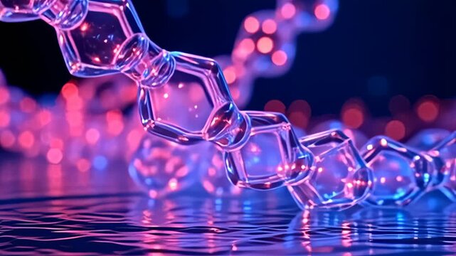 Conveying an intricate dance, a polygon molecule spiraling through layers of glass glides effortlessly, displaying a dazzling interplay of rich fuchsia and electric blue, evoking emotions of