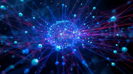 Abstract network of connected data points in vibrant blue and red