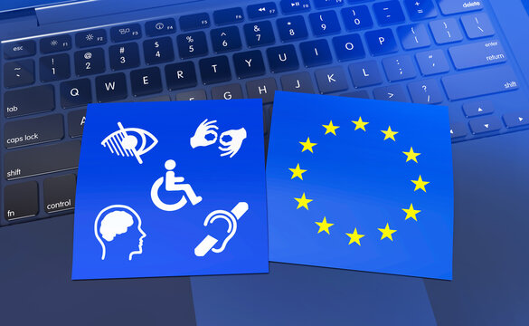 Inclusive Connectivity: A computer keyboard with a blue square featuring accessibility symbols and another featuring the European Union flag.