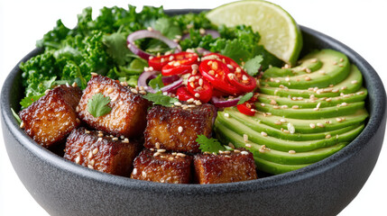 Delicious bowl of healthy ingredients with avocado and salad.