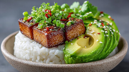 Delicious rice bowl with marinated tofu and fresh avocado slices.