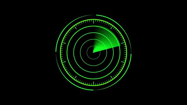 Radar screen animation on black background. green color Rader Hud technology signal waves animated. Location detection Military surveillance
