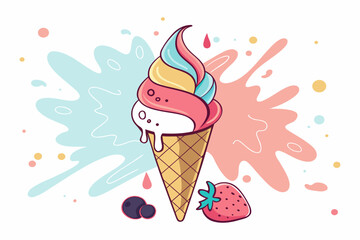 Colorful Ice Cream Cone with Strawberry and Splash