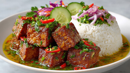 Delicious dish of beef with herbs and rice garnished with vegetables.