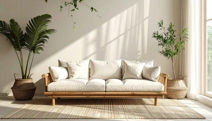 Fototapeta premium Minimalist eco-friendly sofa with organic cotton upholstery and renewable bamboo frame in soft neutral tones. 
