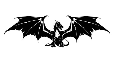 Fototapeta premium Black dragon silhouette with spread wings isolated on white background