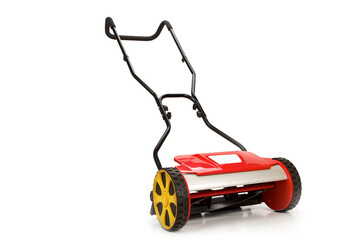 Used lawn mower isolated on a white background