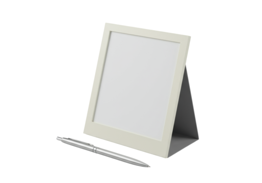 Empty retro instant camera photo frame (off-white, white inner) and sleek silver pen, on solid transparent background, no shadows, clean minimalist product display concept