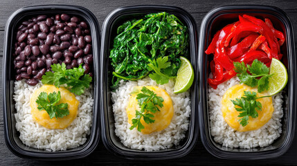 Colorful rice bowls with beans, greens, and vegetables.