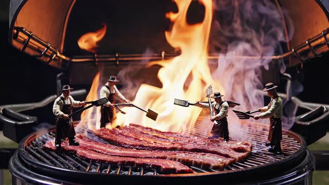 tiny figures grilling over smoky flames, miniature cooks managing hot grills with billowing smoke, mini chefs expertly handling hot grills amid billowing clouds of smoke