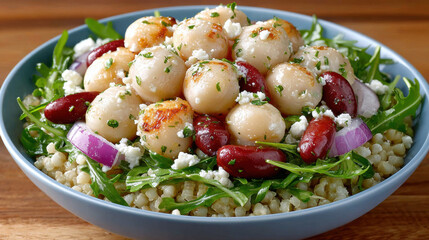 Fresh salad with quinoa, greens, and flavorful toppings.