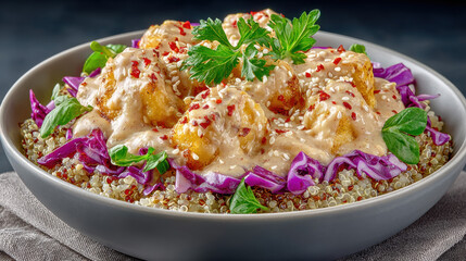 Delicious quinoa bowl topped with vegetables and sesame sauce.