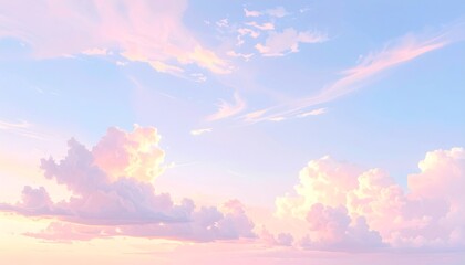 Dreamy pastel sky with fluffy pink and blue clouds at sunrise anime style painting.