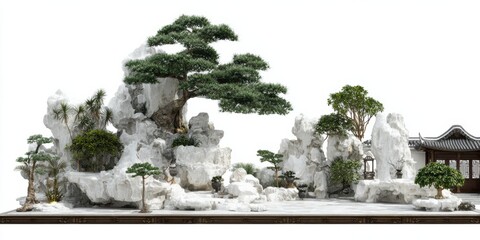 Fototapeta premium White artificial mountain with old pine tree on top in Chinese garden landscape style, elegant 3D rendered villa courtyard interior design with decorative details on pure white background.