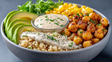 Fresh and colorful bowl of healthy ingredients and dressing.