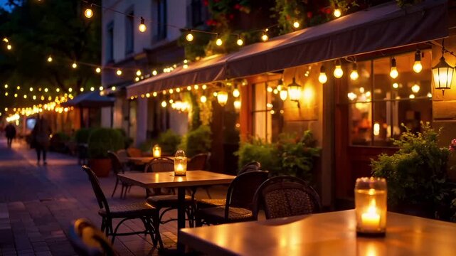 夜の街角に佇むカフェテラス。暖かなストリングライトに照らされ、柔らかな光がテーブルに反射し、居心地のよいロマンチックな雰囲気を演出します。都会の夜景やデートシーン、ライフスタイルや旅行のテーマに最適なイメージです。