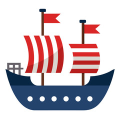 Cartoon viking ship with red and white striped sails and flags © HASIBUL HASAN
