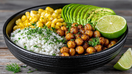 Colorful bowl of rice, corn, avocado, and chickpeas with lime.