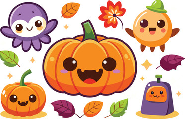 Cute Halloween pumpkin clip art set, flat illustration stickers for the holidays, isolated
