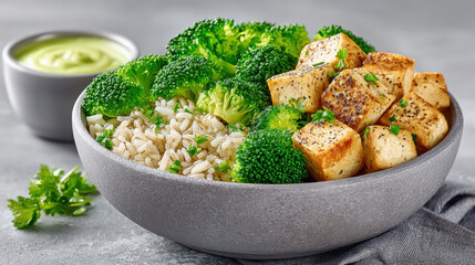 Healthy bowl with broccoli, rice, tofu, and green sauce.