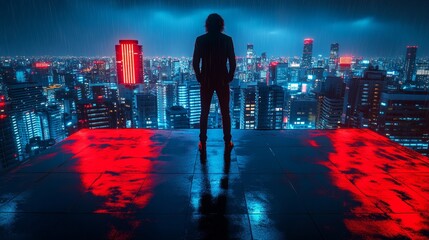 A lone figure stands on a rooftop at night surrounded by glowing skyscrapers