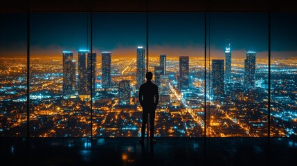 A lone figure stands on a rooftop at night surrounded by glowing skyscrapers