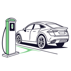 Modern electric car parked at a charging station with a green energy symbol indicating power flow for sustainable transportation and clean automotive technology