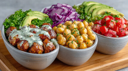 Colorful bowls of fresh salad and chickpeas on a wooden board.