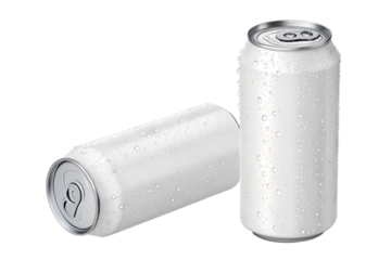Two white aluminum soda cans with condensation on transparent background