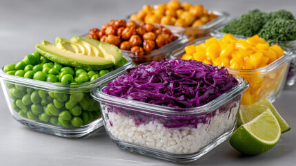 Fresh vegetables and fruits in glass containers on a gray background.