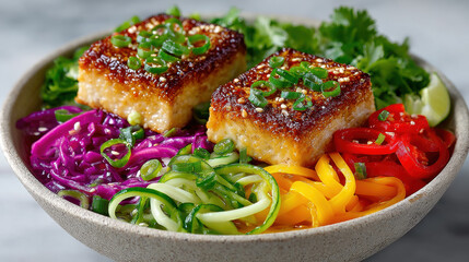A vibrant bowl of colorful vegetables and crispy tofu.