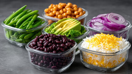 Fresh vegetables and toppings in glass containers on a gray background.