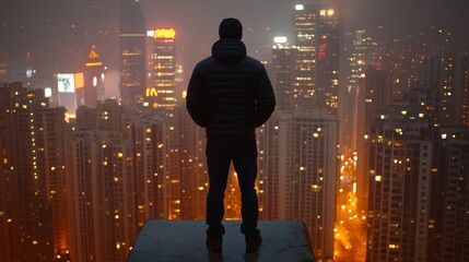 A lone figure stands on a rooftop at night surrounded by glowing skyscrapers
