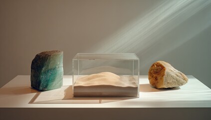Minimalist artistic arrangement of stone objects and sand sculpture with dramatic light.