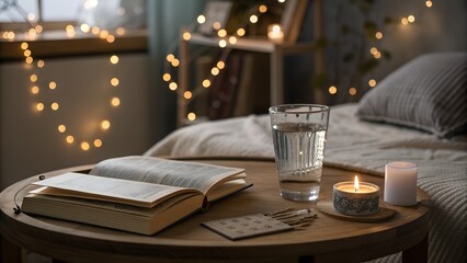 Naklejka premium cozy late-night bedroom scene with glowing candles open book glass of water and twinkling string lights on wooden side table